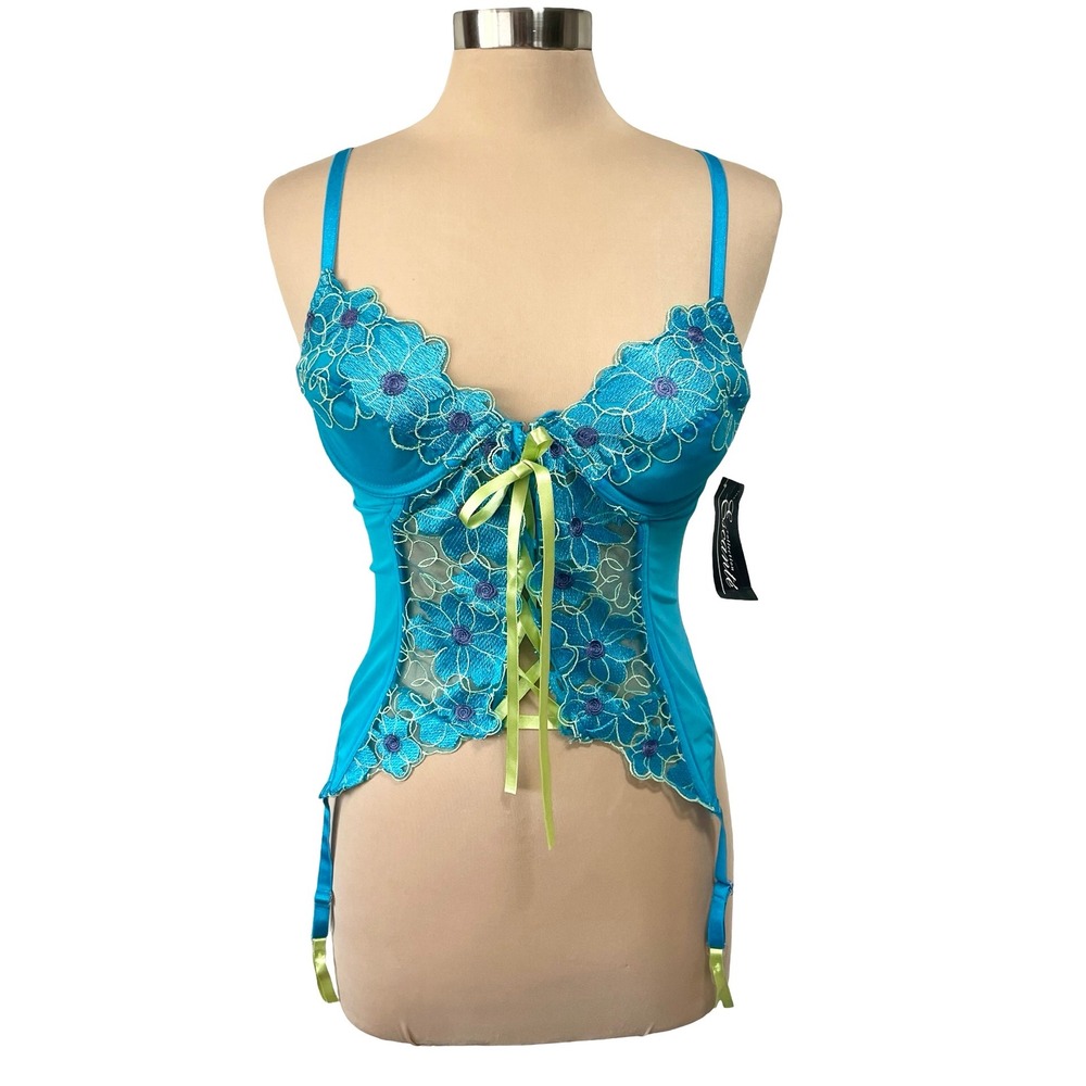 Vintage Escante Turquoise Floral Lace Mesh Bustier Garter Sz L Fairy Coquette
